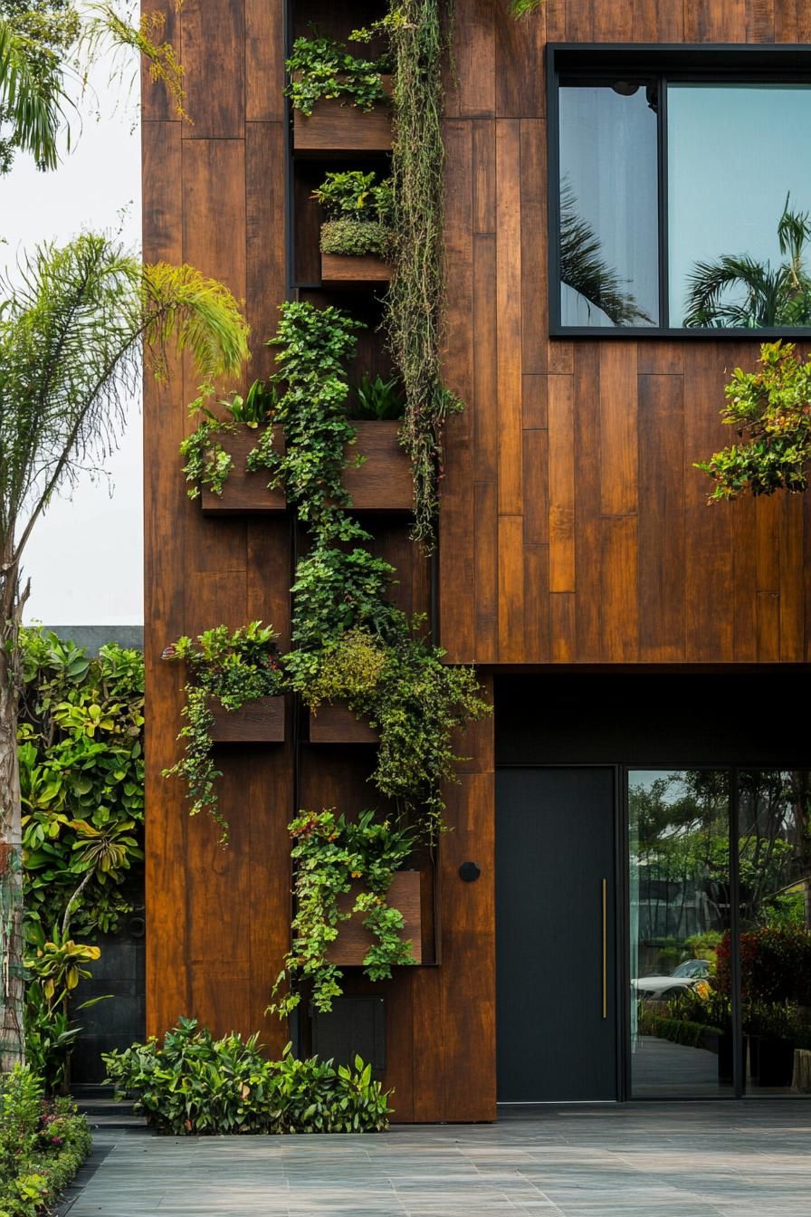 modern wood house textured wood facade with vertical greenery 3