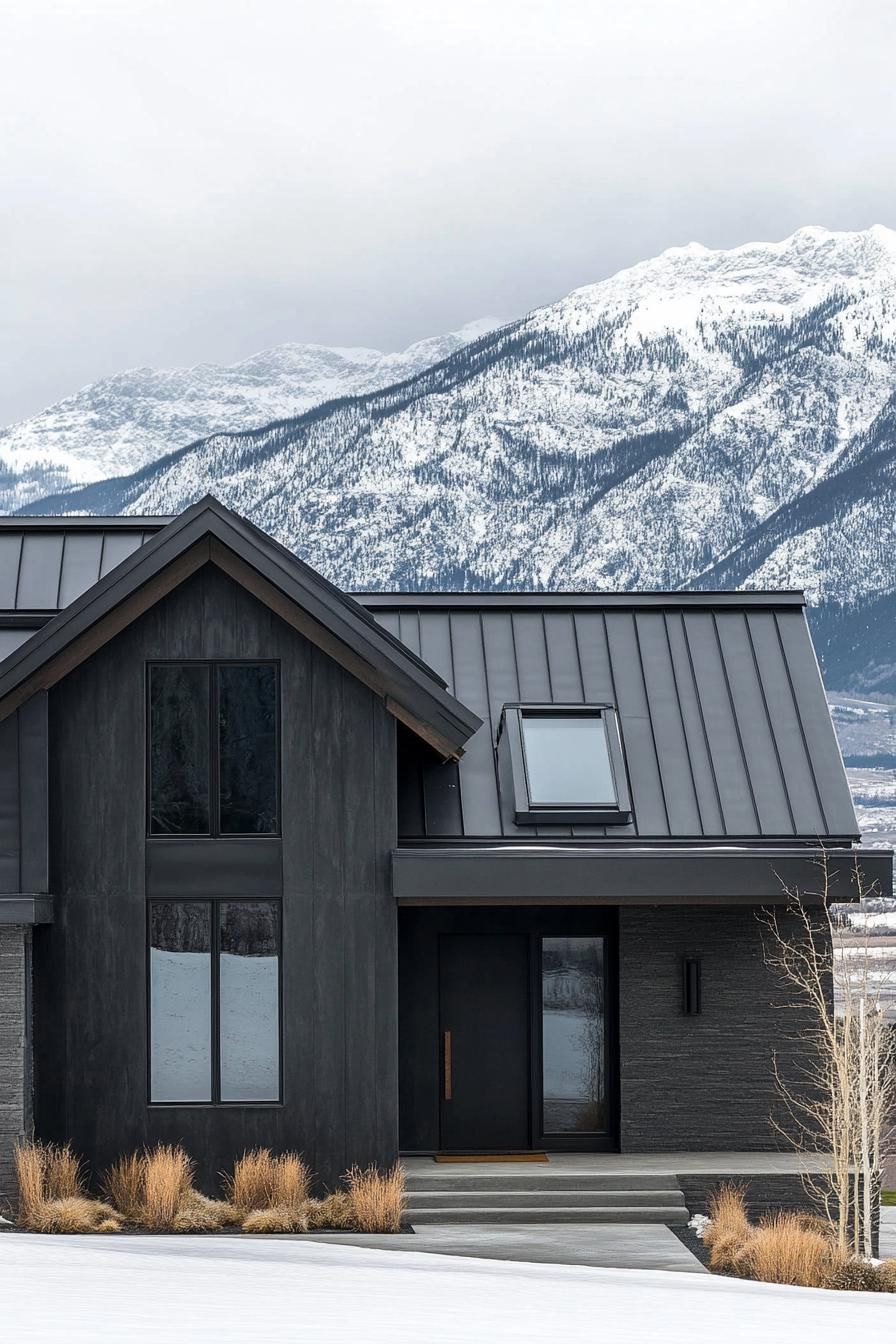 modern house charcoal stucco facade with black metal roof winter mountains in the background