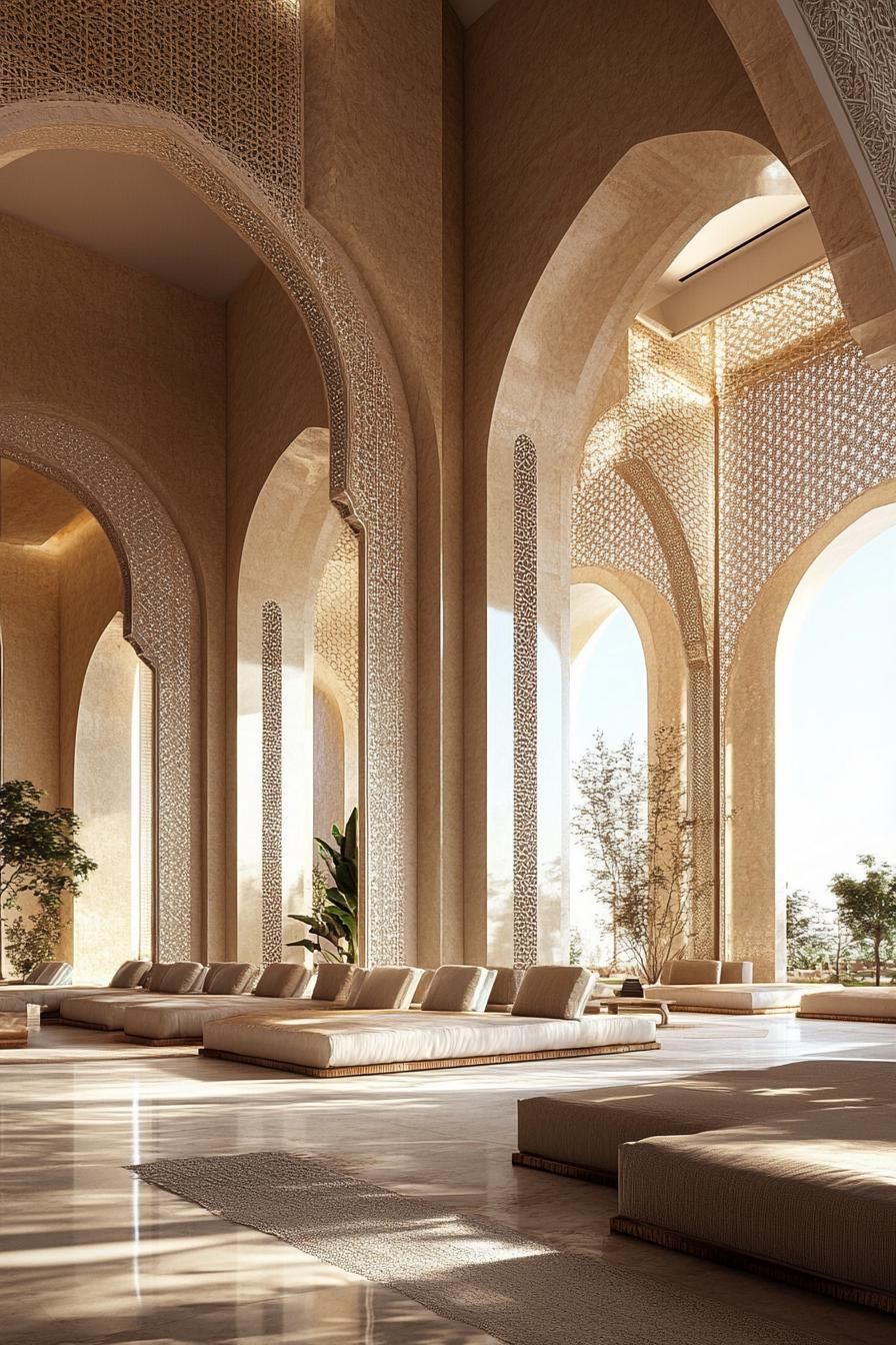 big modern Moroccan palace with arches and mosaics