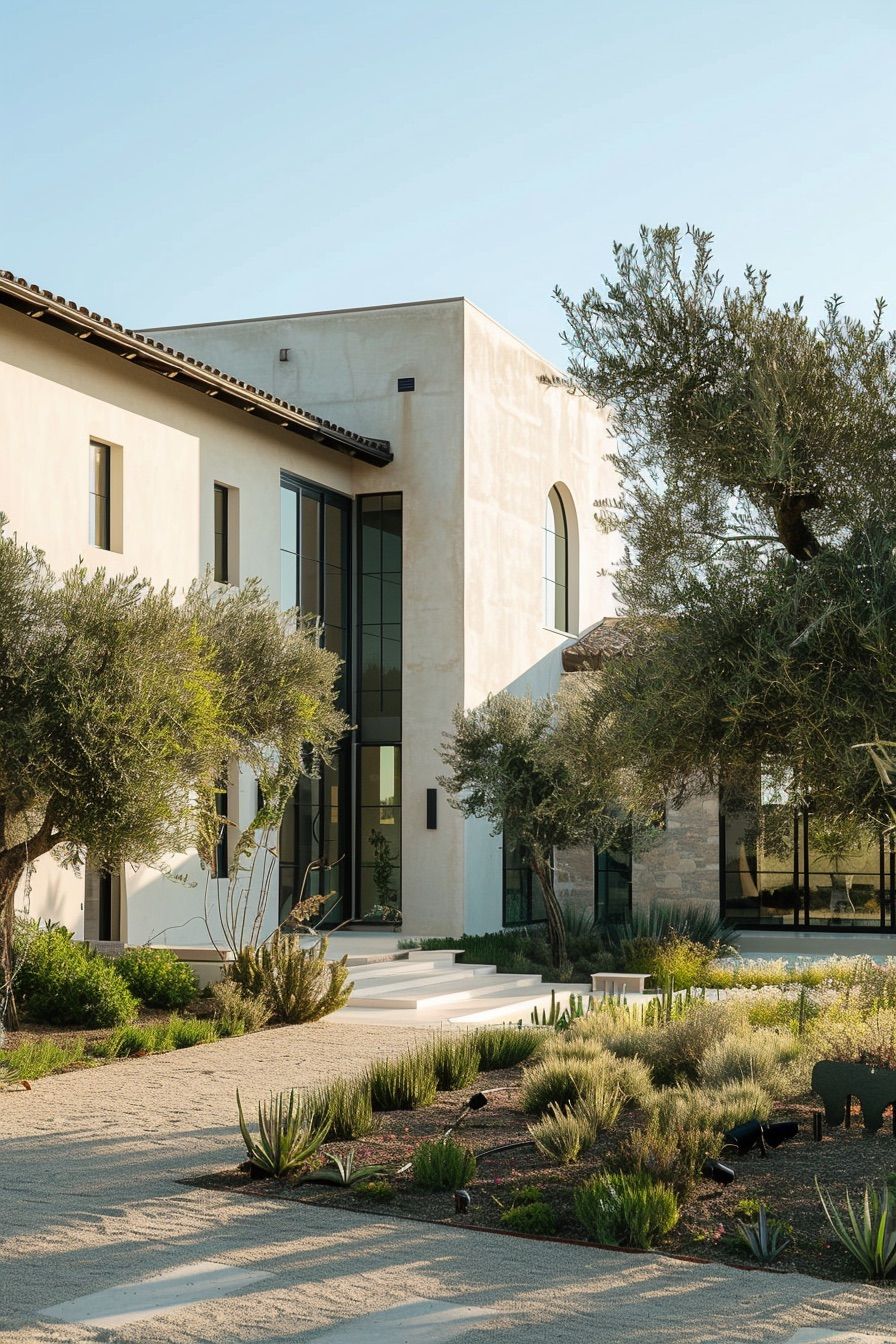 modern mediterranean house landscape with olive trees