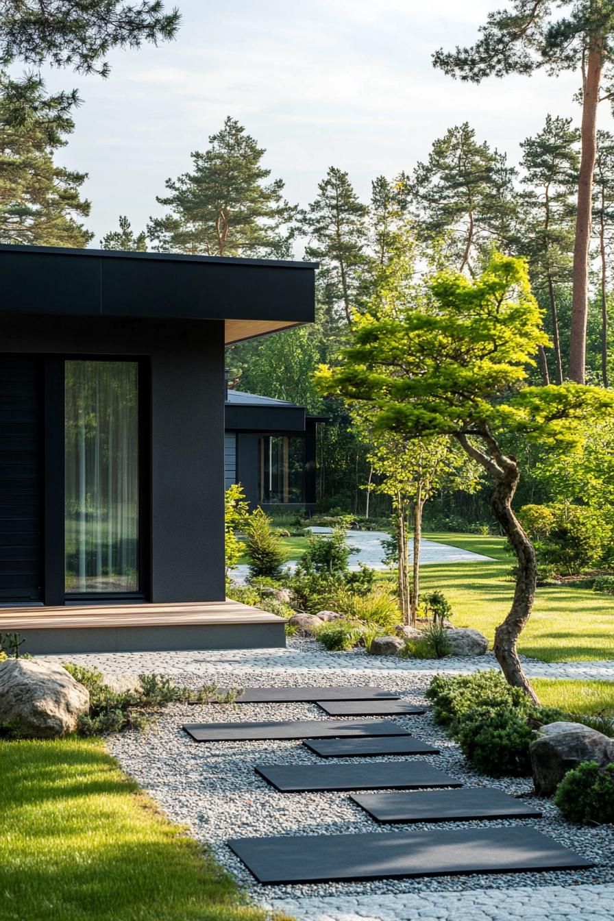 modern house front yard with permeable stones paving Scandinavian landscape