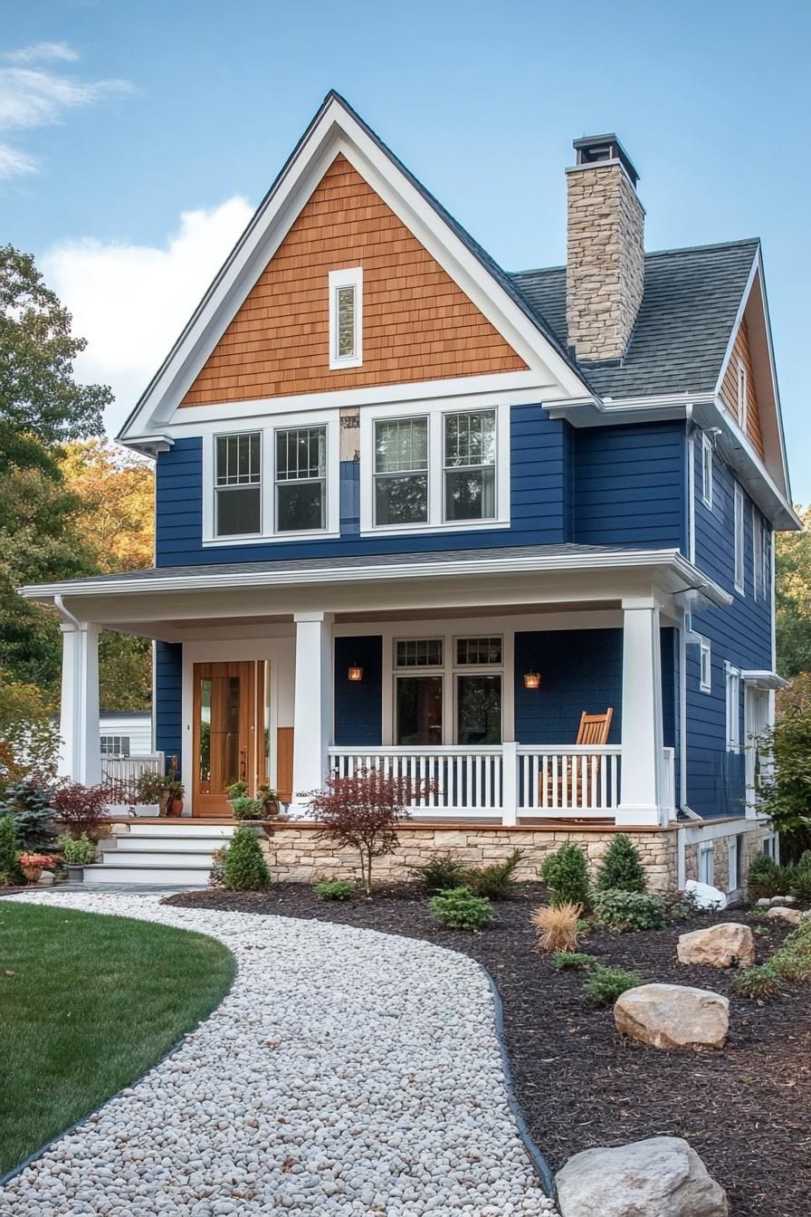 modern crafstman style house with deep blue siding natural wood front wall accent white trim white brick chimney deck with columns and white 1