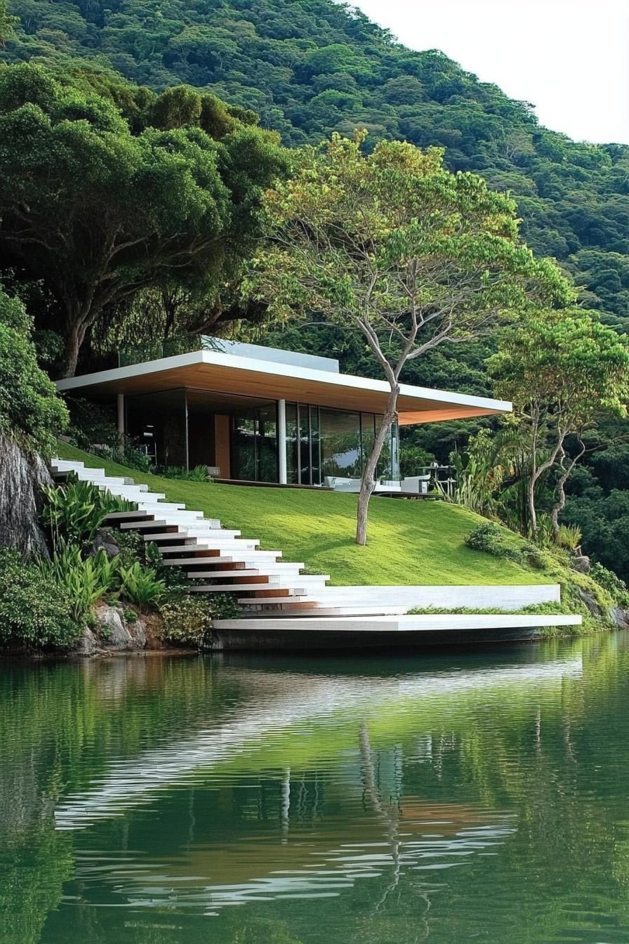modern house on a hillside with terraces connected with floating stairs tropical island lake below 3