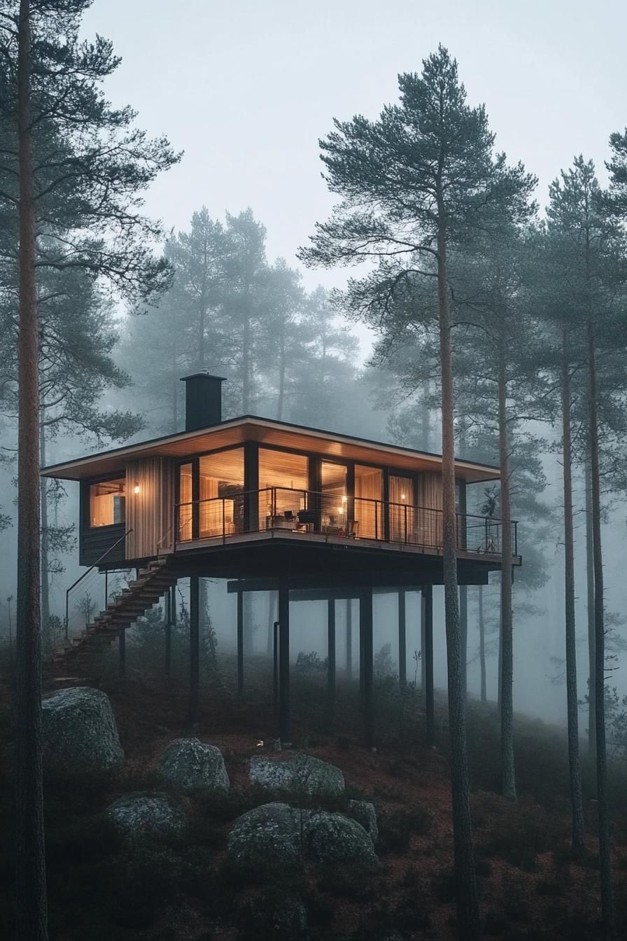 elevated luxury dream house surrounded by high pine trees in a misty Scandinavian forest