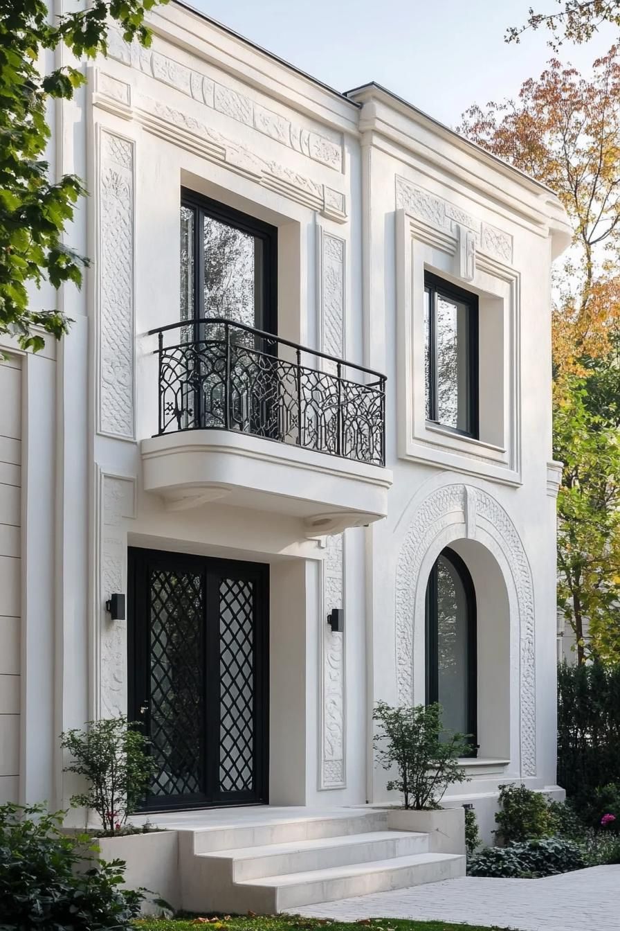 modern French house facade in white stucco geometric patterns