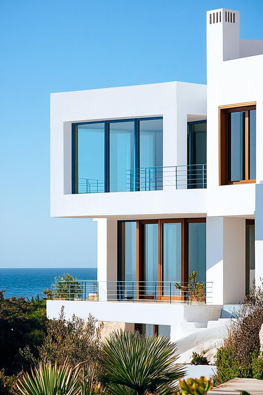 modern white geometric villa house facade with blue trim ocean views 3