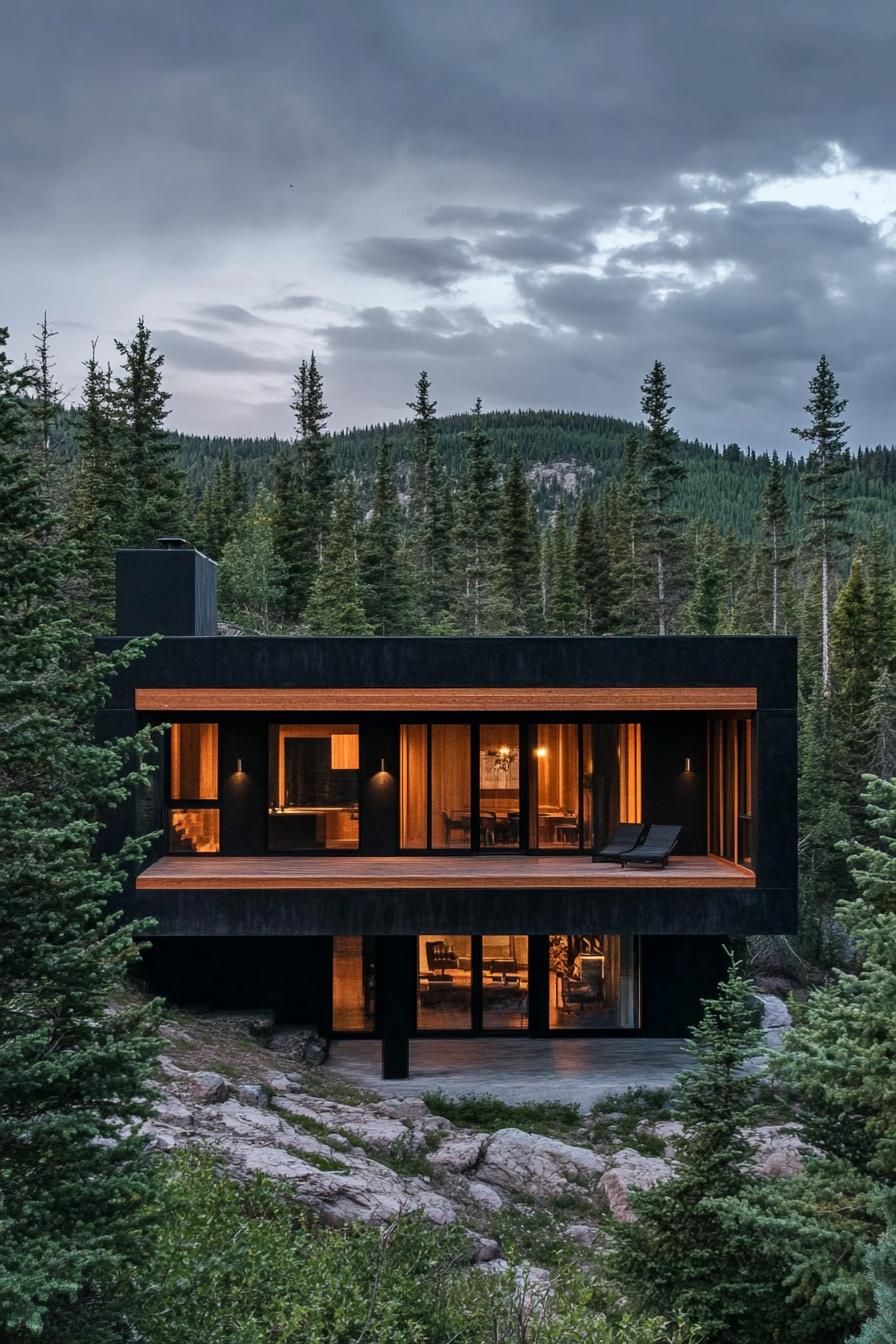 modern mountain house with black concrete facade and wooden frame stunning lush mountain forest views 2