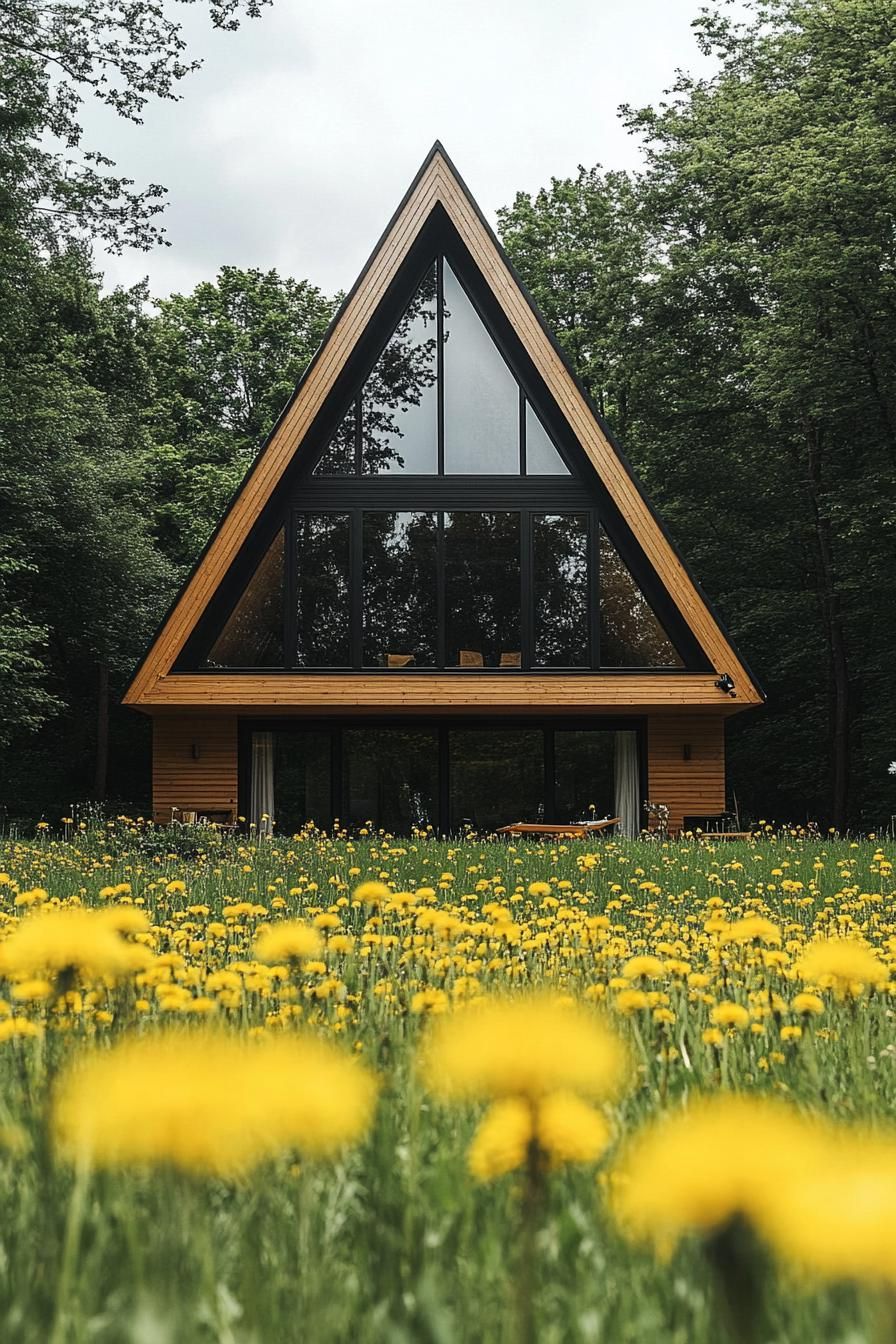 modern geometric a frame house facade with full wall black glass windows in a meadow of yellow dandelions 2