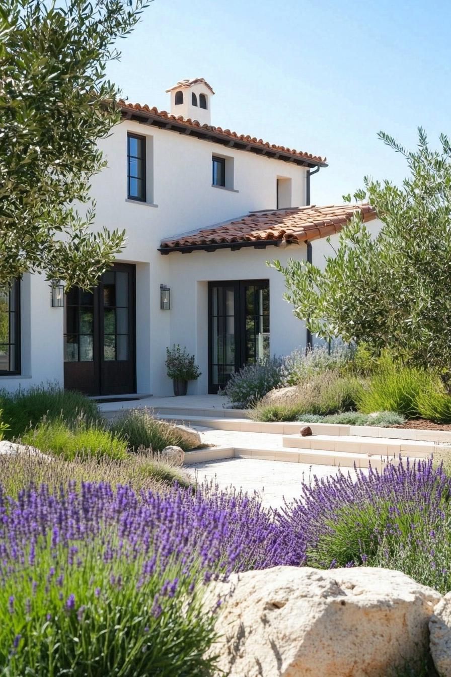 small modern mediterranean house front yard with olive trees and lavenders 2