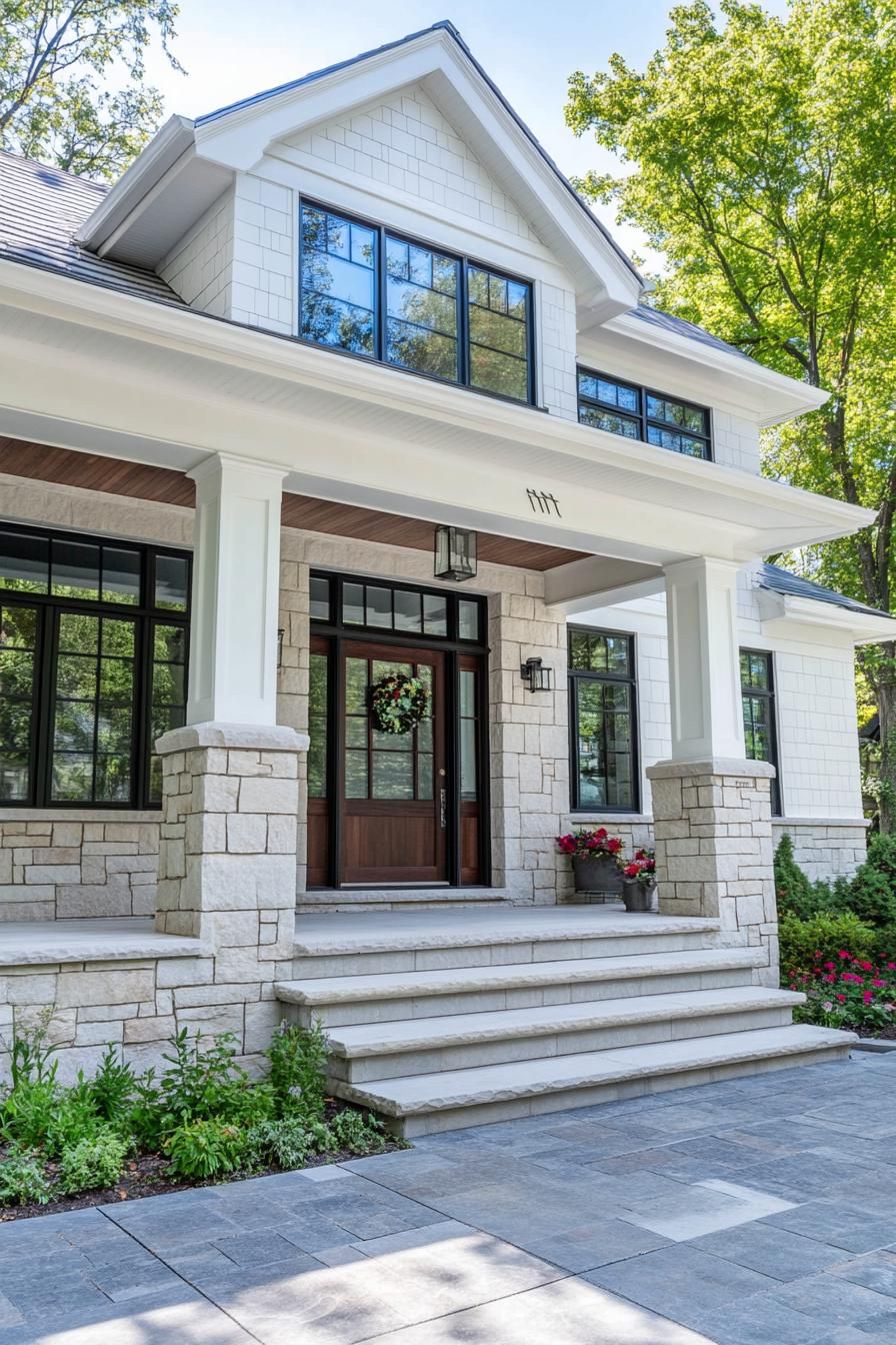 front of white craftsman style house with entrance wall in stone siding