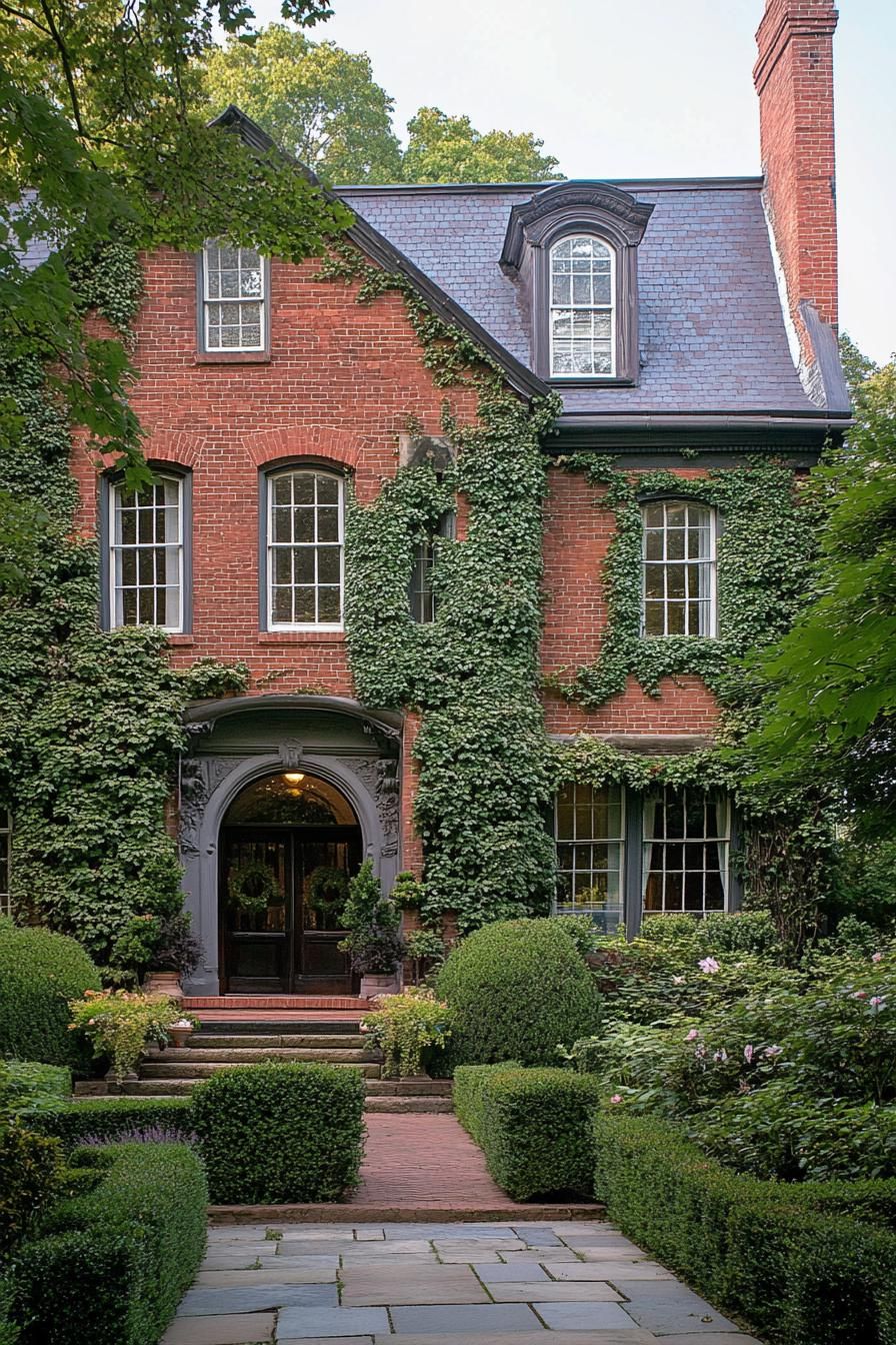 colonial red brick house restaurated facade with vine climbers 1