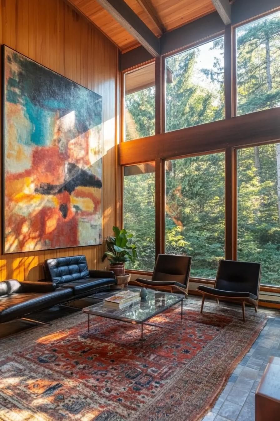 mid century modern house lofted interior with large abstract artwork wall decor and large windows overlooking green hilled valey 3