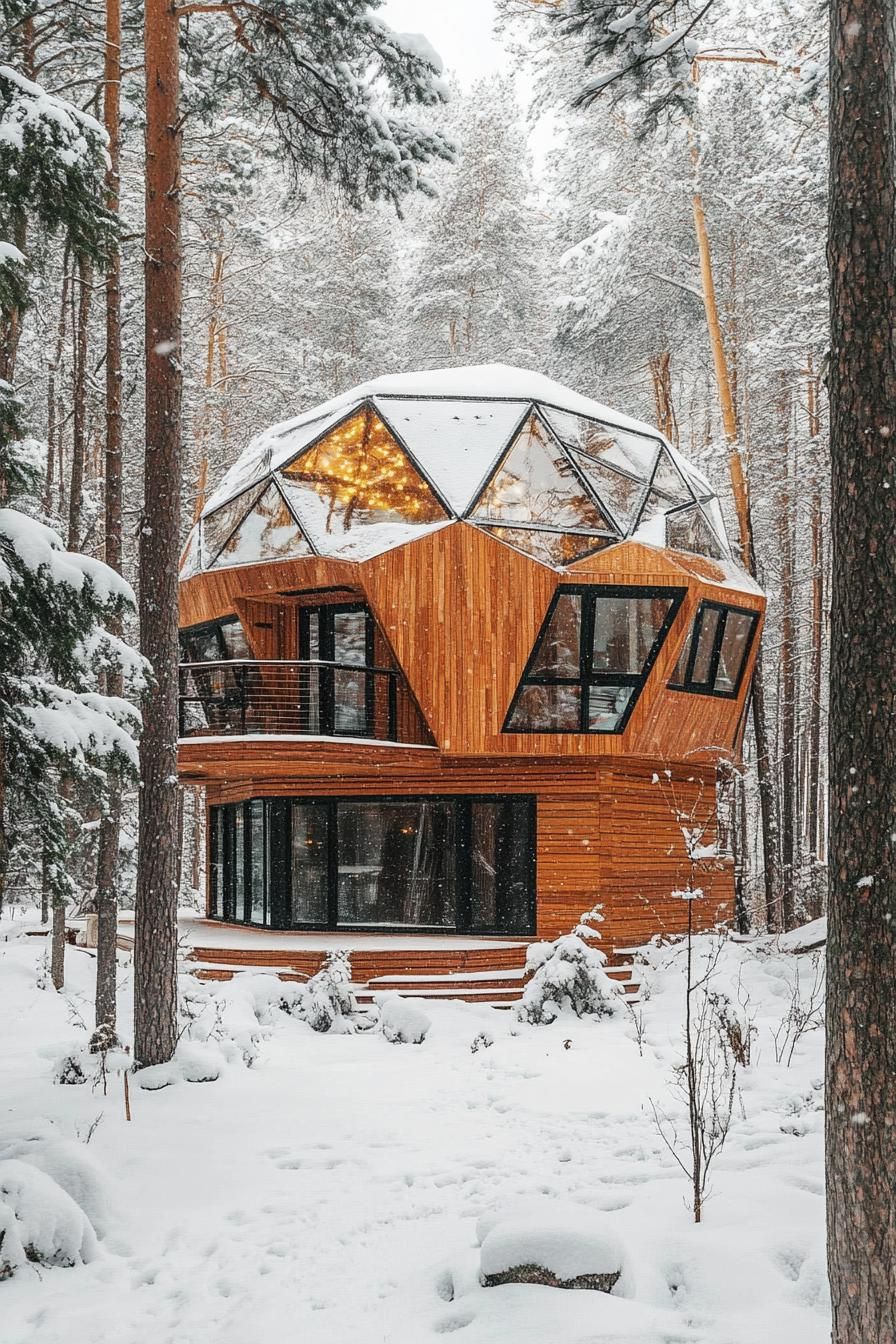 modern forest house geodesic facade with wood paneling winter forest
