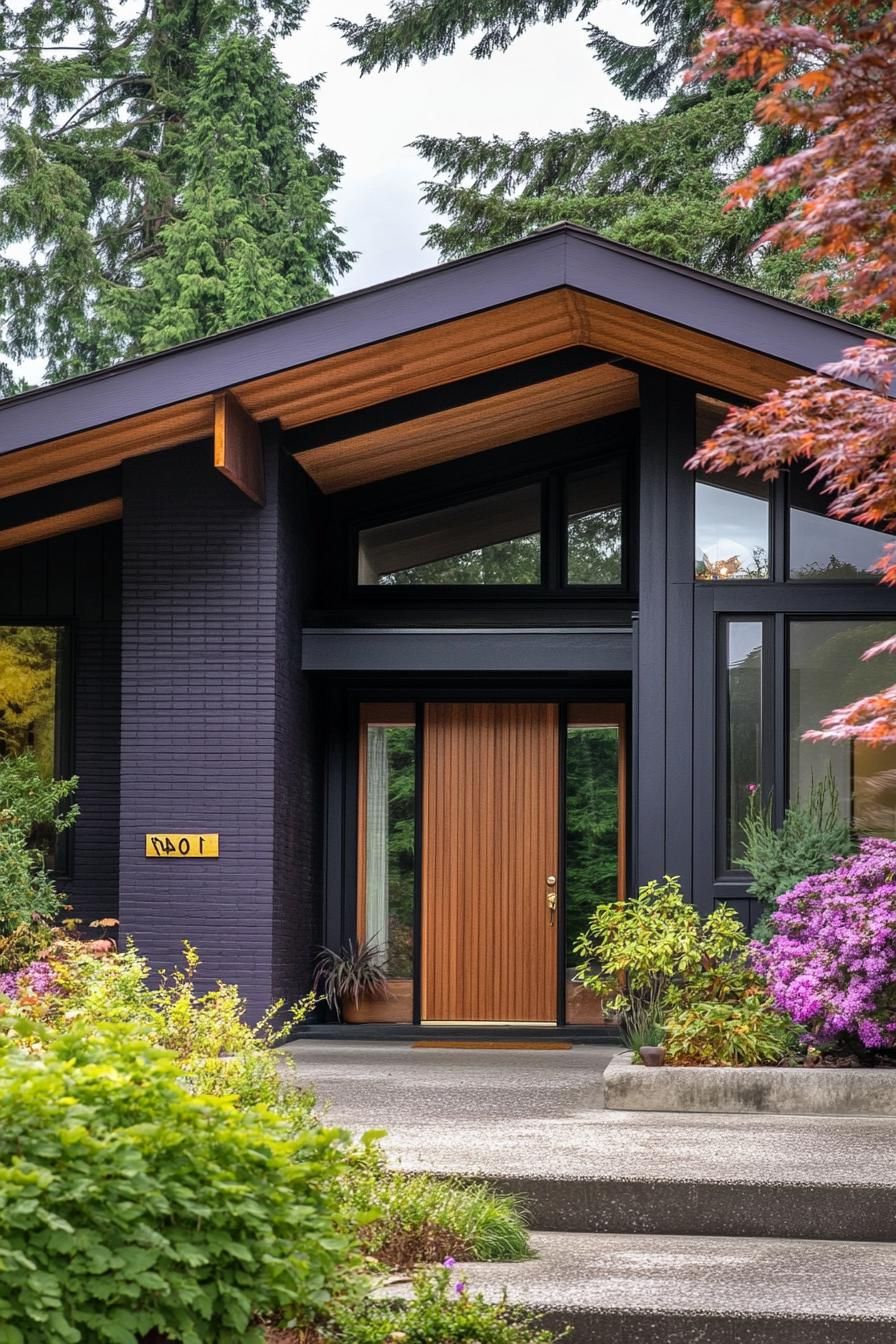 mid century modern house facade in deep plum and blush pink colors with retro gold accents