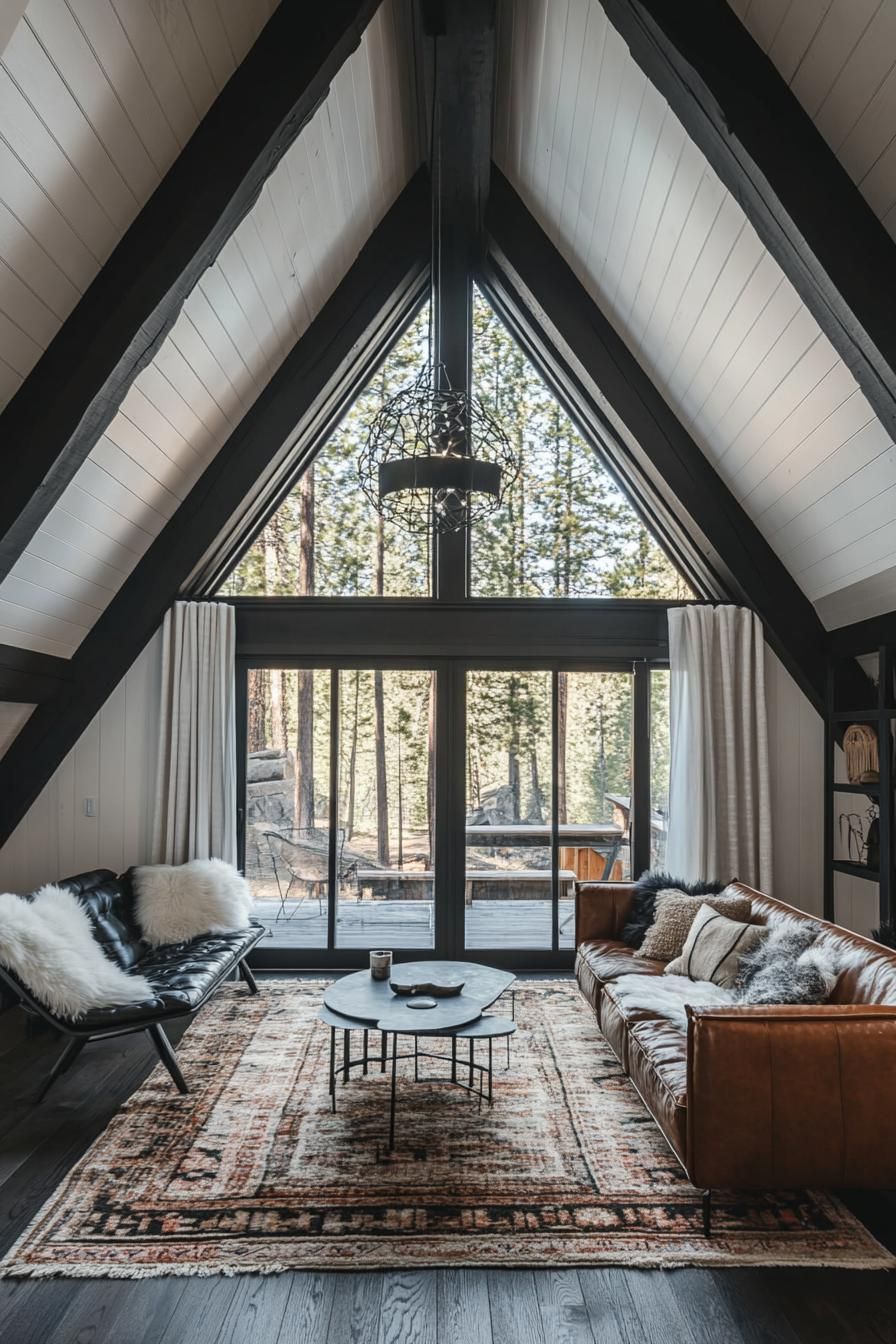 modern a frame cabin interior with natural stained harwood ceiling sections of wall around the windows are white dark hardood floor black painted 3
