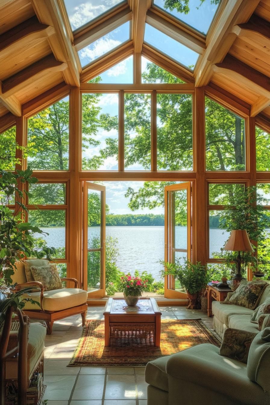 modern English cottage interior with pitched roof skylights large bay windows overlooking a lake 3