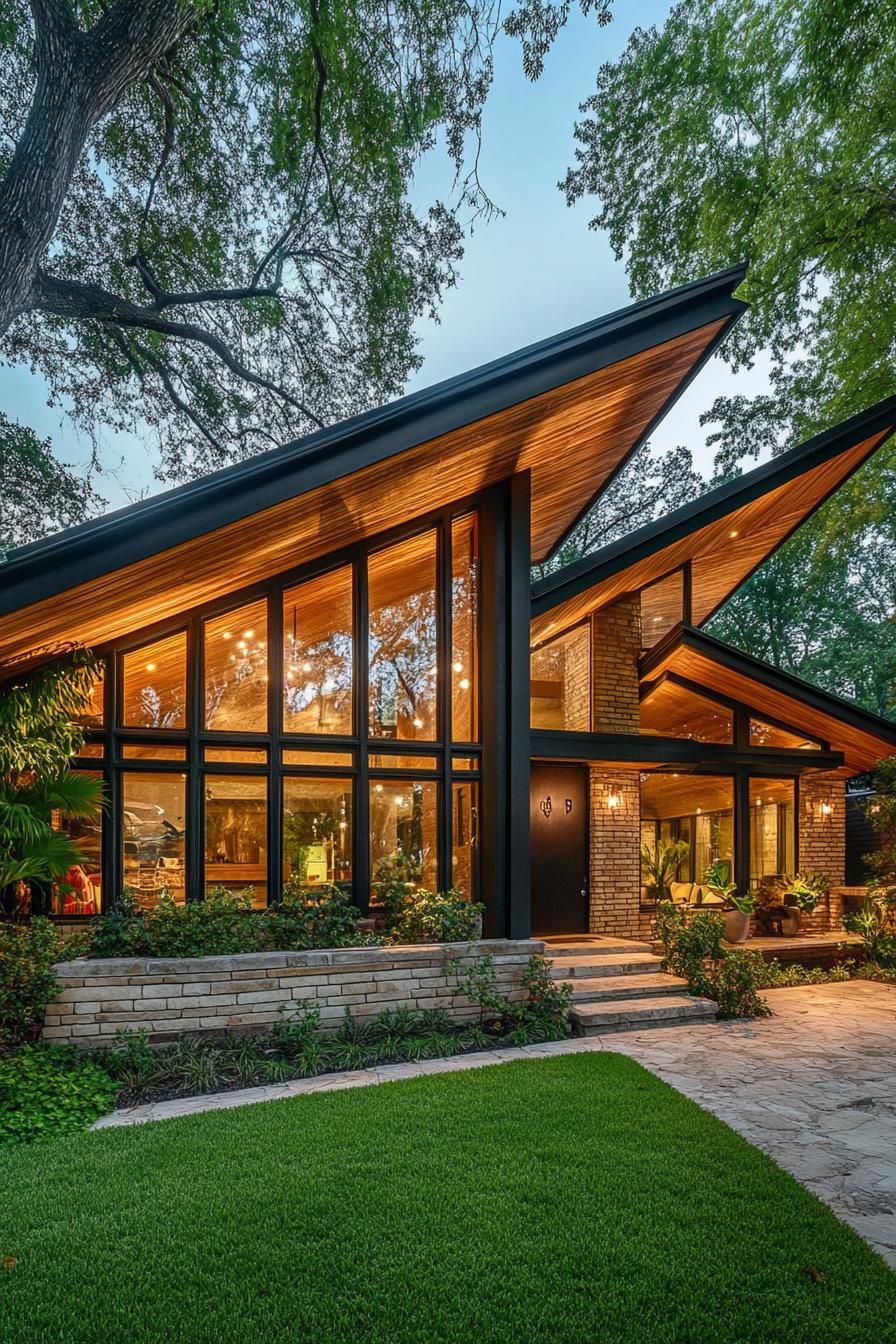 mid century modern and antique style house facade roof with gabled shingled sections 2