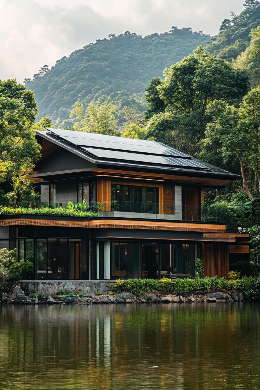 modern house with solar roof tiles on a hill by a lake with lush trees 2