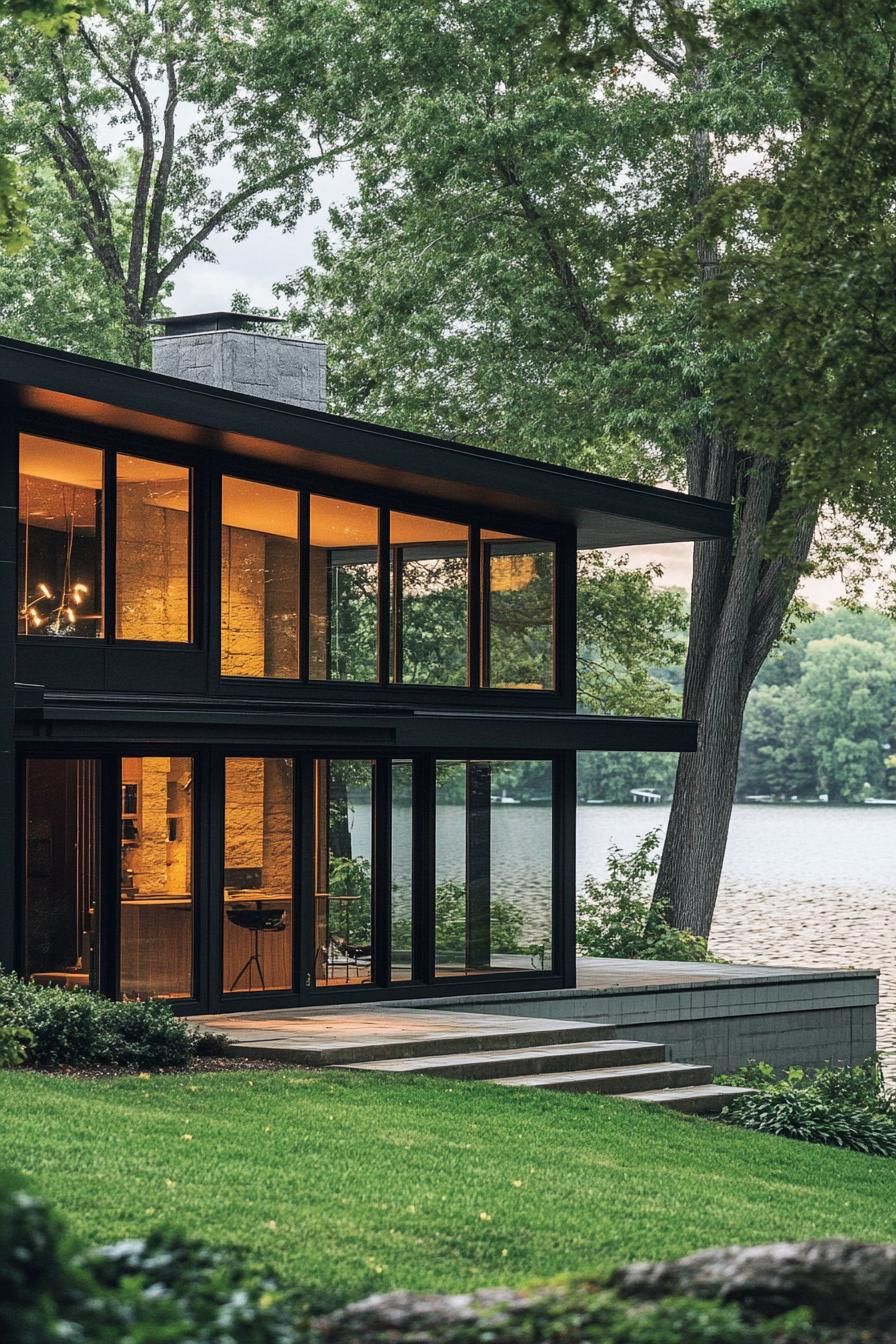 mid century modern black house jet black stucco facade with large glass windows green lakefront