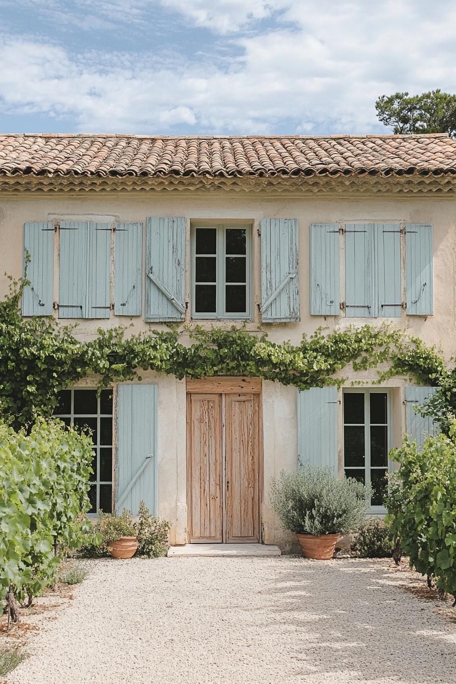 modern French mediterranean house facade with painted wooden doors French vineyard landscape