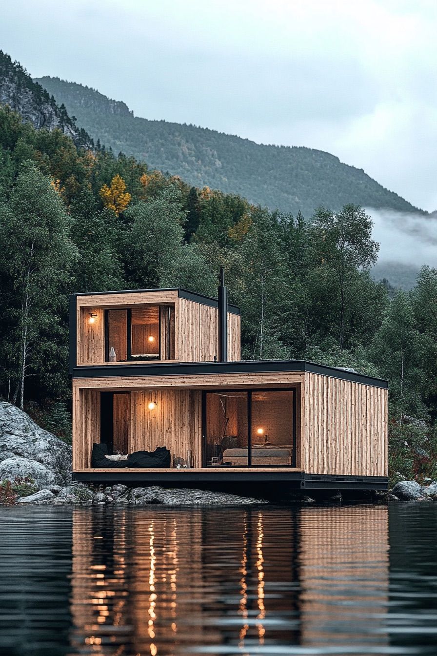 shipping container floating lake cabin 3
