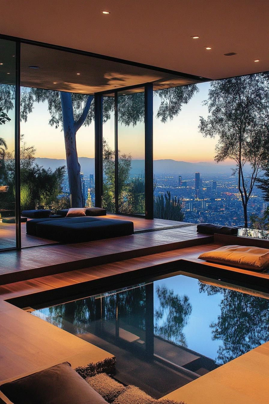 modern sunken living room interior with large windows overlooking a pool with city skyline view outside