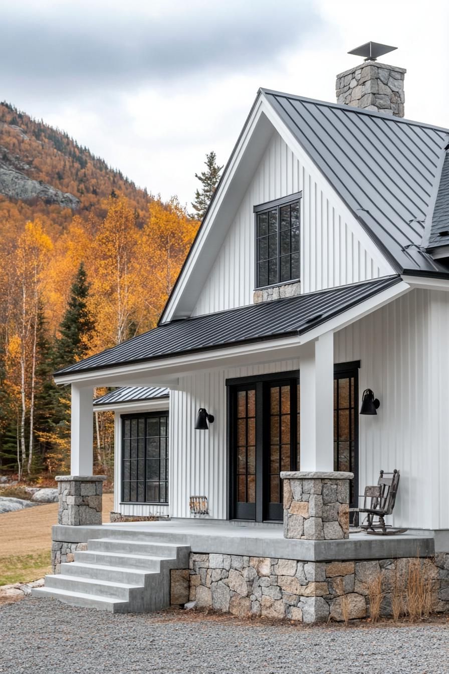 modern cottage style mountain house facade with white stone foundation white clapboard siding concrete porch with stone and grey wood columns grey 3