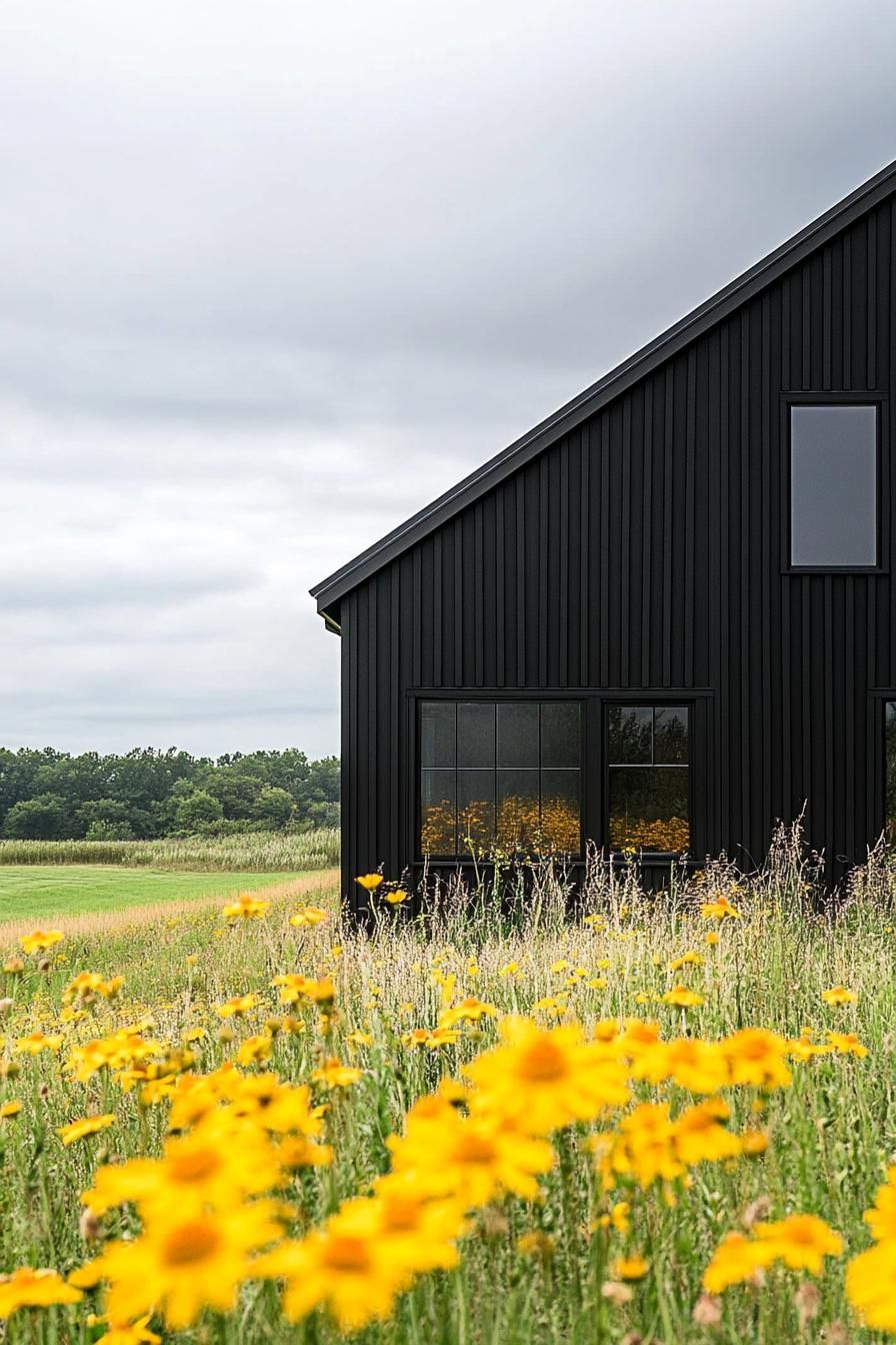 modern barndominium charcoal black facade in stunning farmhouse meadow with yellow flowers 3