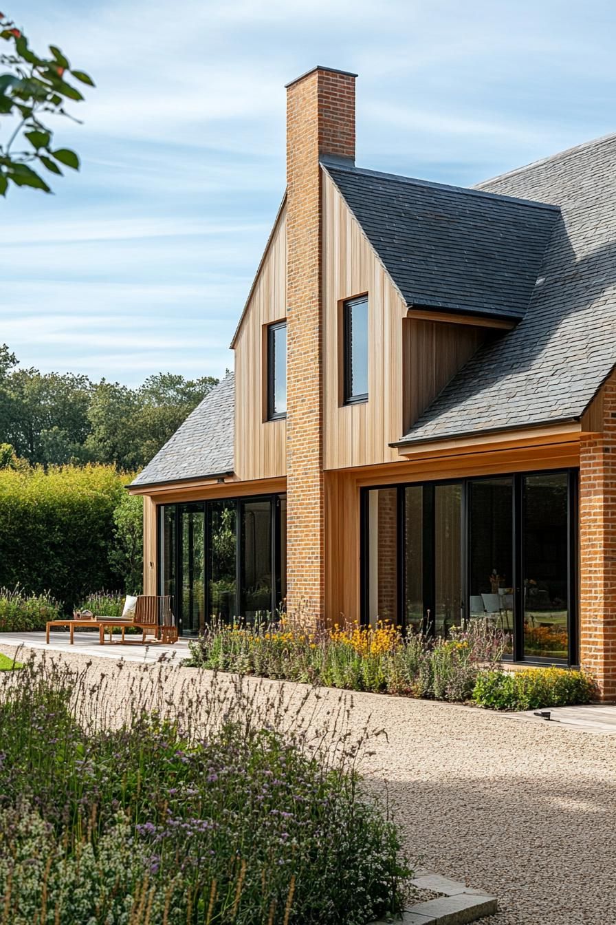 modern house with natural cedar shiplap exterior and brick foundation English countryside landscape 3