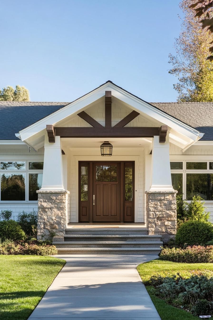 front of white craftsman style house with entrance wall in stone siding 1