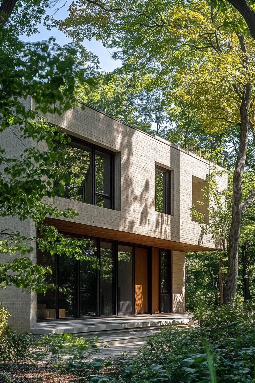 modern house with geometric solid facade shaded around with trees 3
