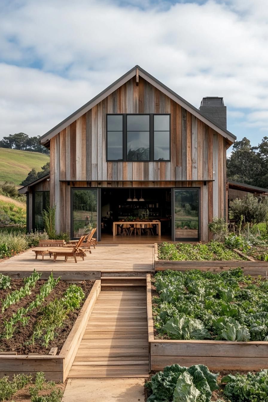 modern barn style house facade with reclaimed wood accents on a farm with veggie gardens green hills in the background