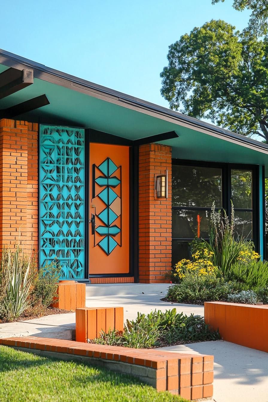 mid century modern house facade in turquoise and tengerine colors and geometric patterns