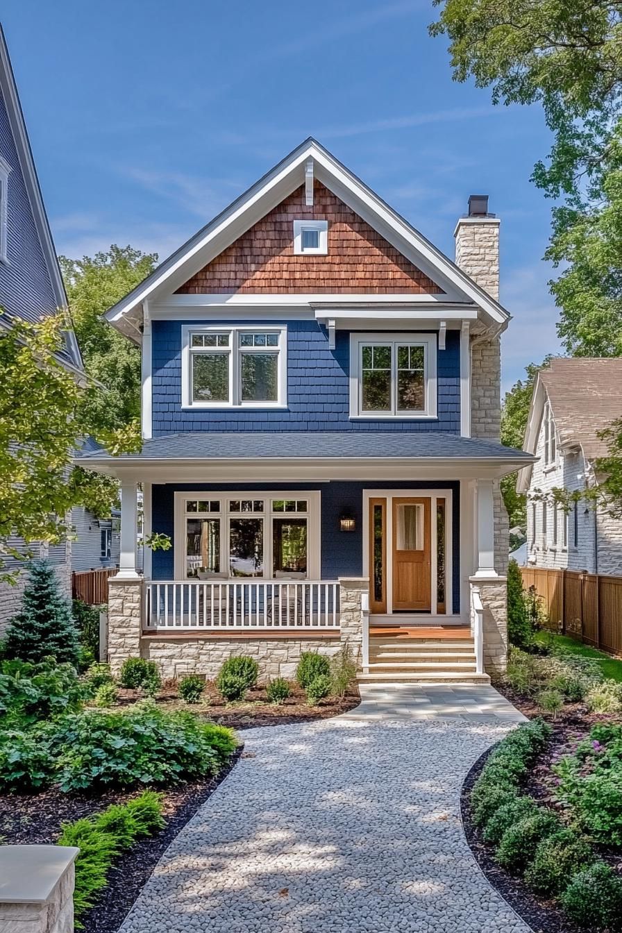 modern crafstman style house with deep blue siding natural wood front wall accent white trim white brick chimney deck with columns and white