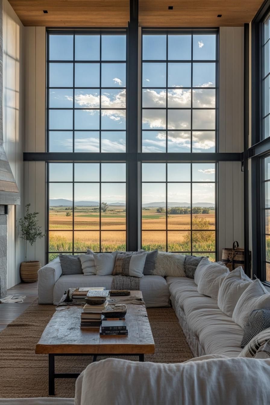modern farmhouse home L shaped living room with double height ceiling large windows overlooking picturesque farm fields 2