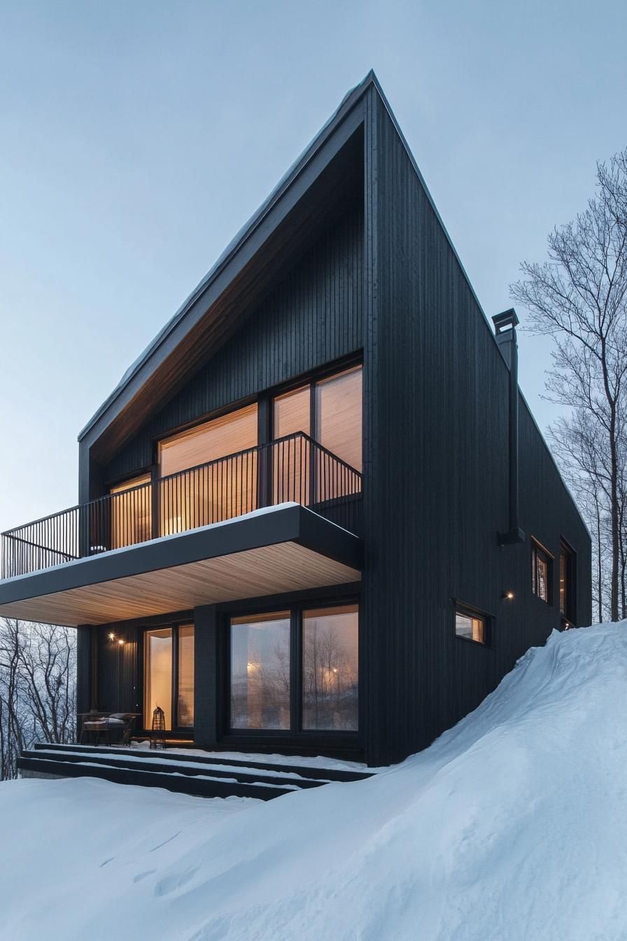 modern two story mountain house with black cedar wood facade in stunning snowy arctic mountain landscape