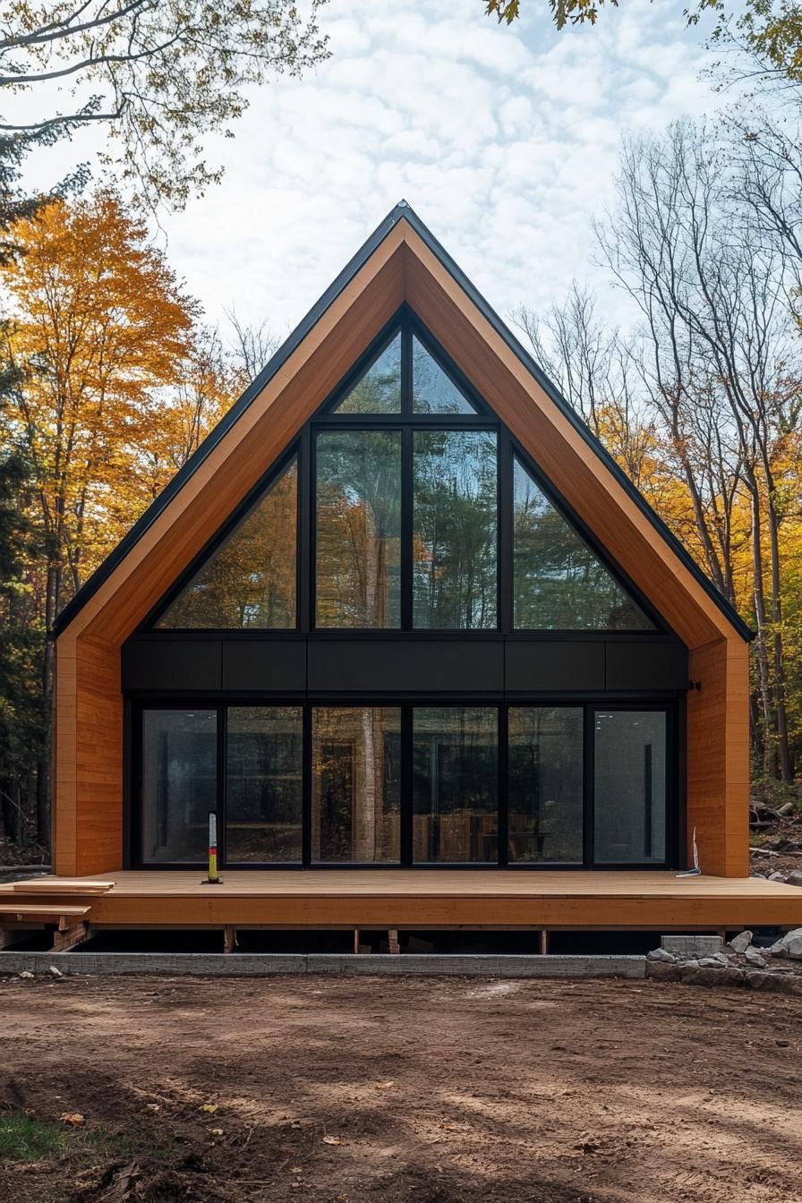 modern prefab small house facade with natural wood siding a frame roof large glass windows new construction site 2