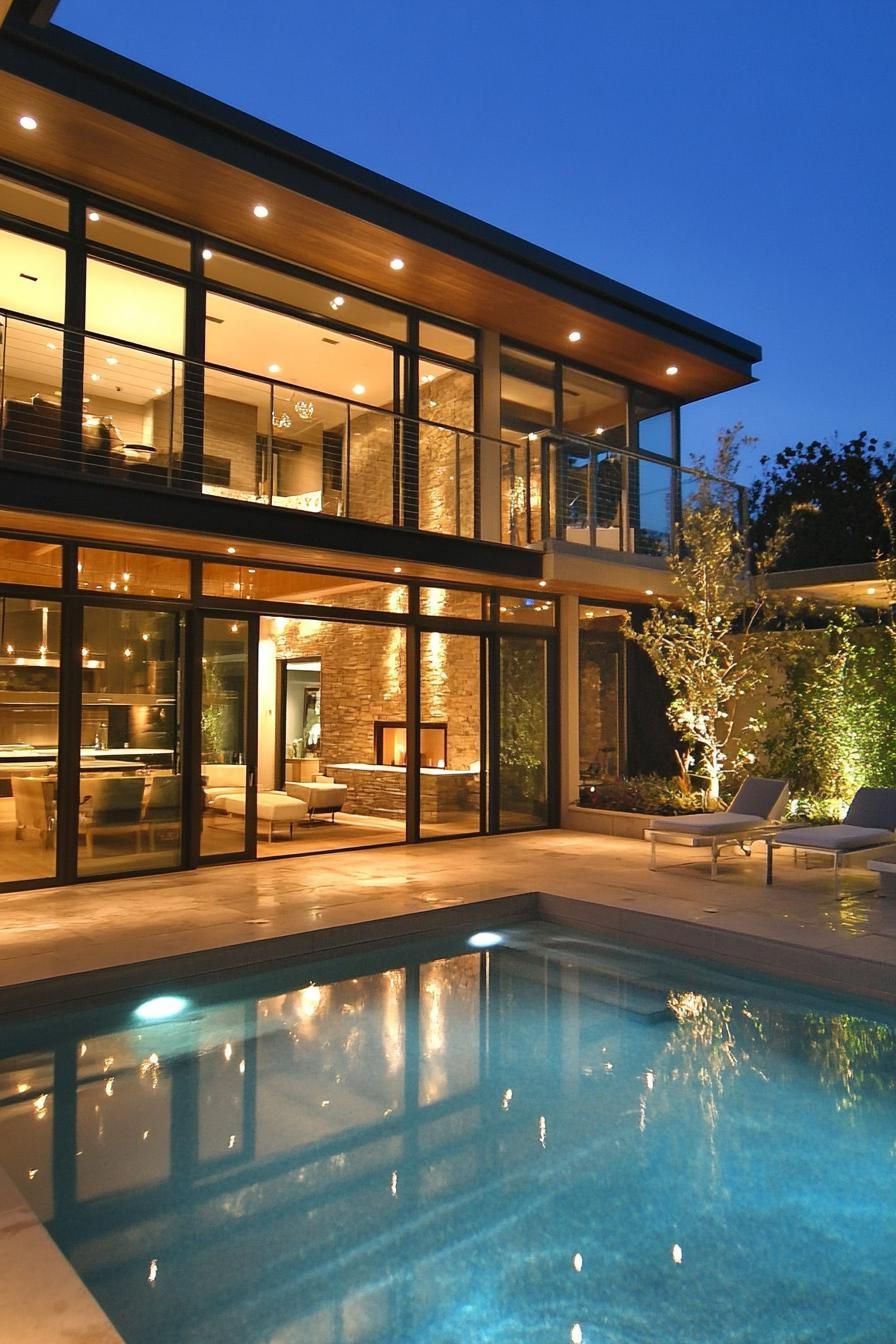 luxury modern house courtyard with outdoor pool connected inside with large glass doors 2