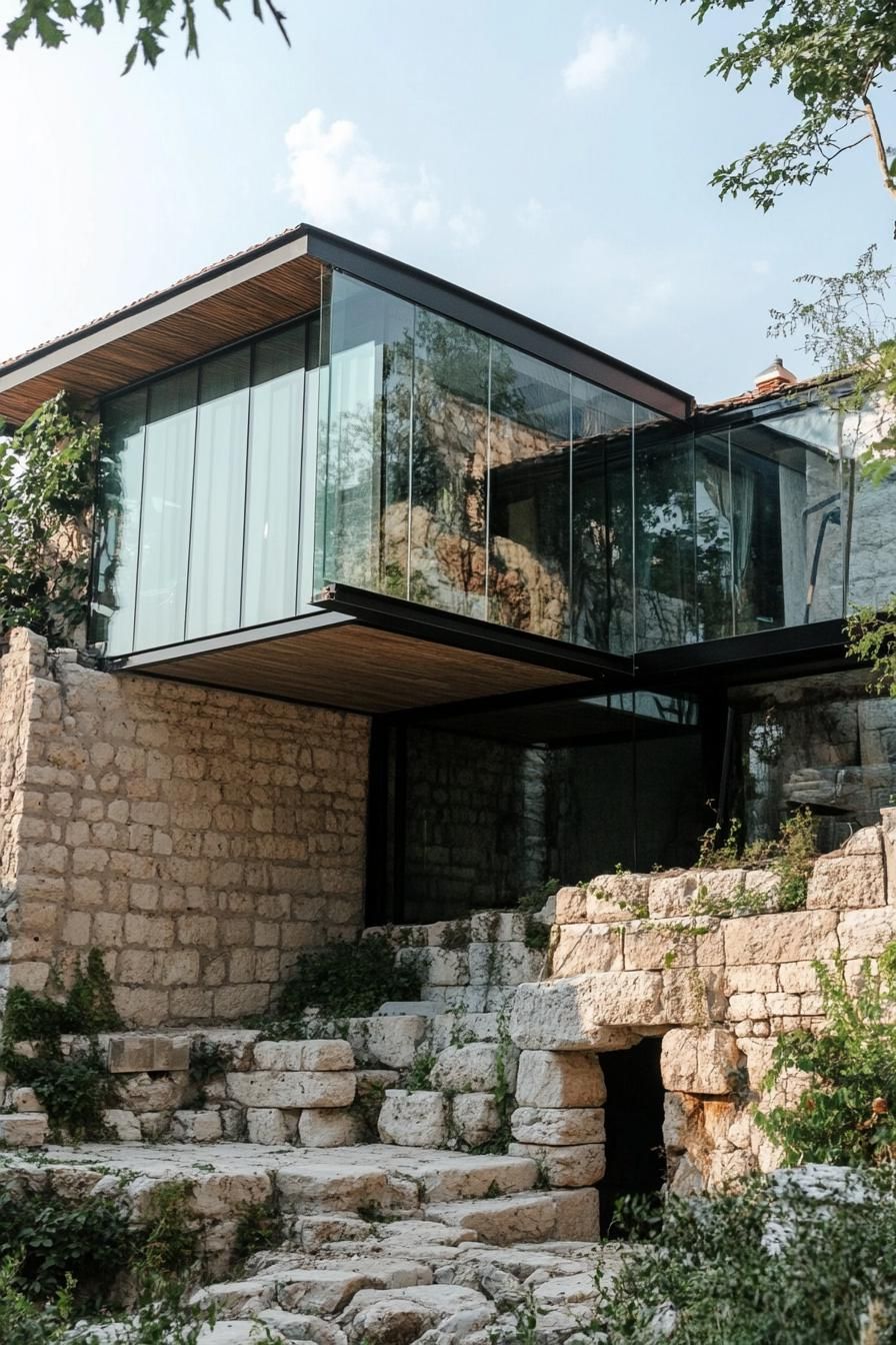 modern house built on ancient greek house ruins old walls visible enclosed in glass modern windows and roof