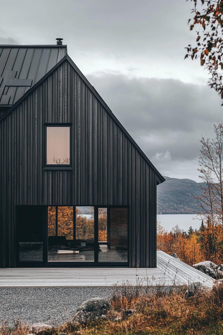 modern barndominium house burnt wood facade with dark grey metal trusses stunning Scandinavian island mountain views 3