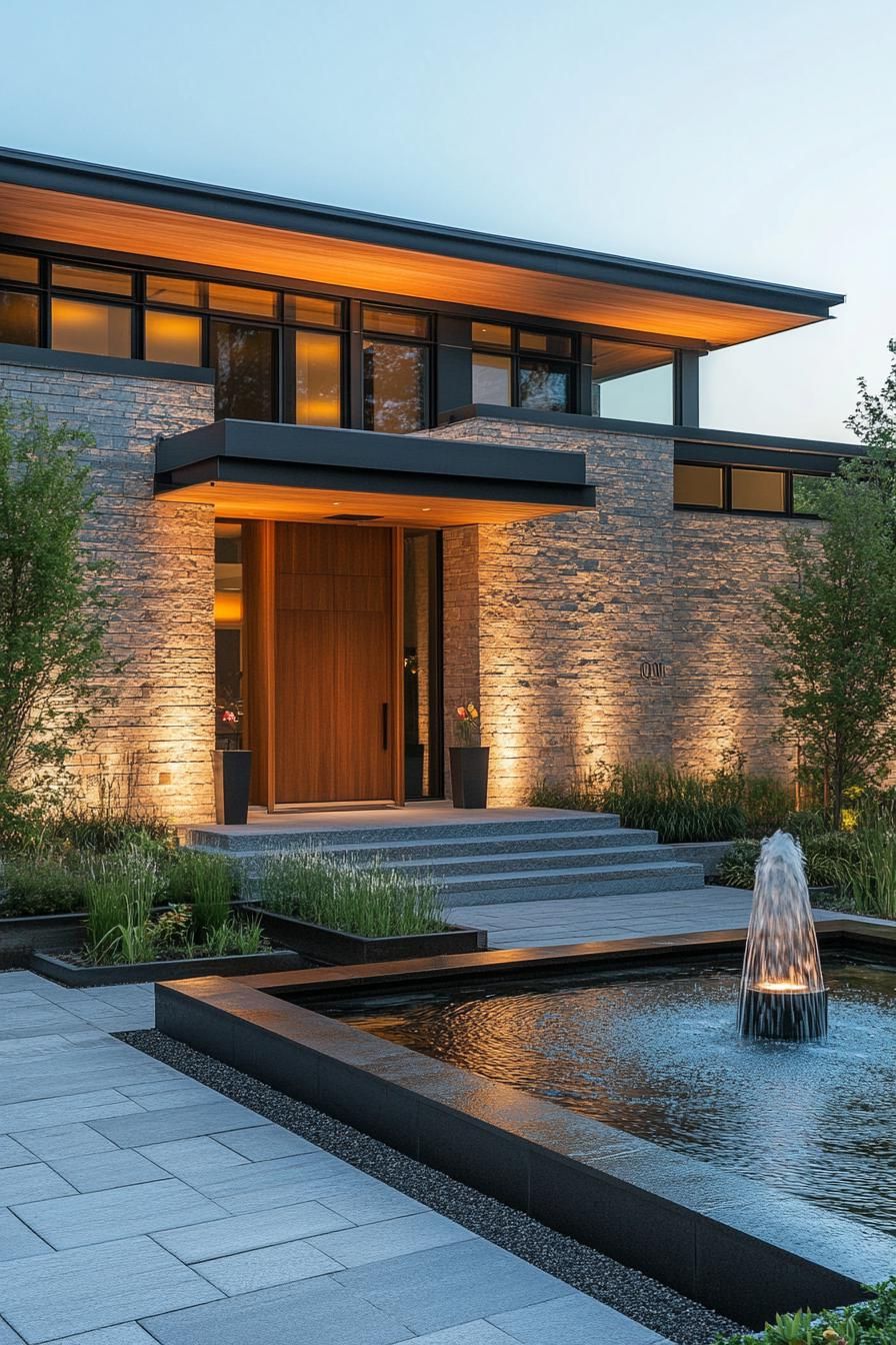 front entrance of a modern minimalist house facade with natural stone cladding the front yard features a zen garden with a fountain 2