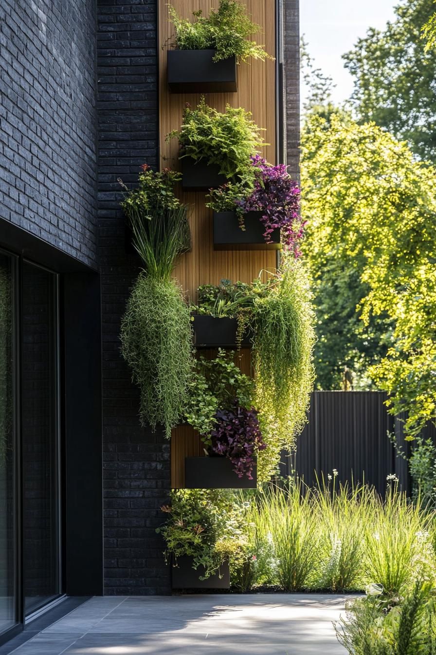 modern terraced house front entrance wall with hanging and tiered planters 2