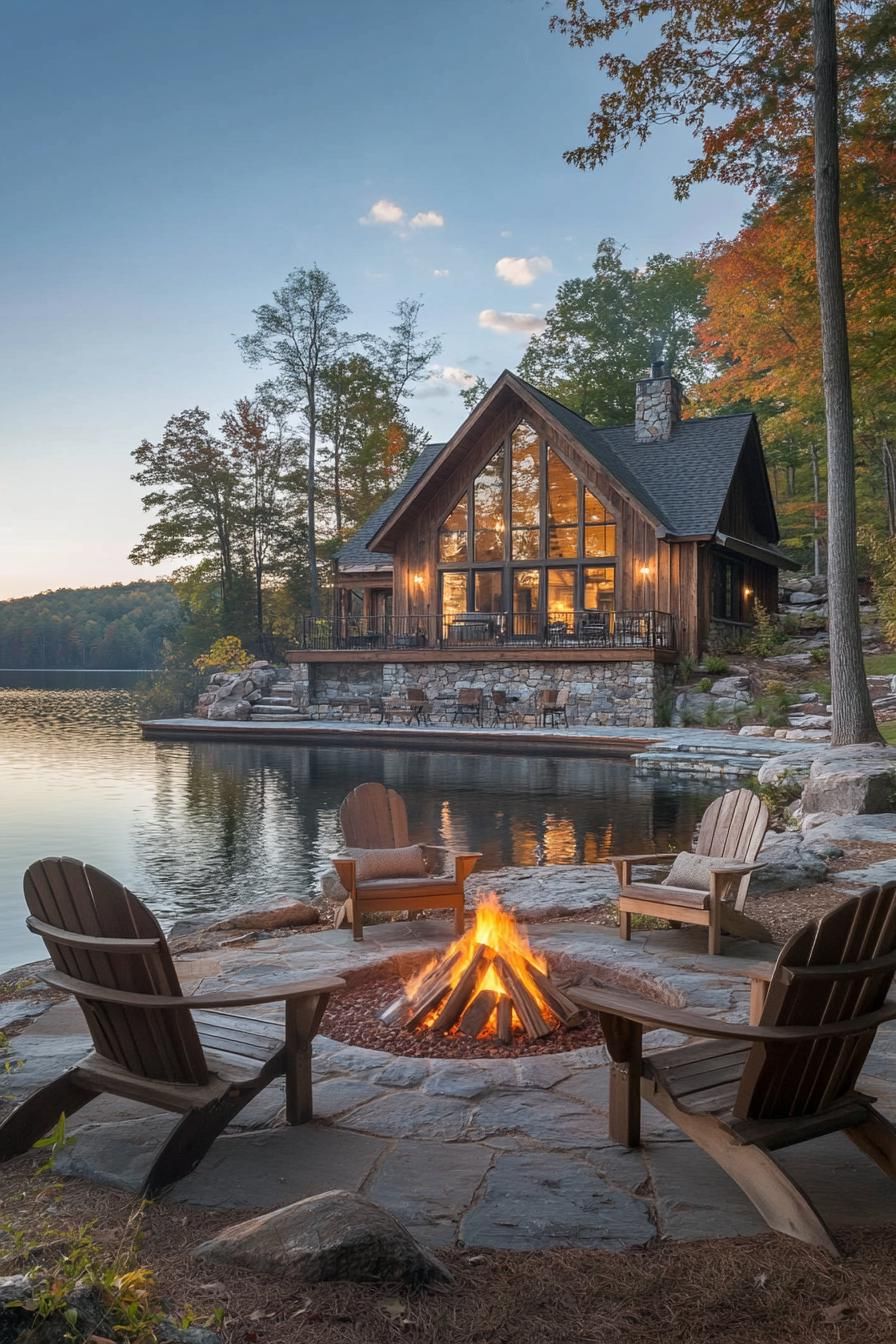 rustic prefab lodge with lakeside fire pit area 2