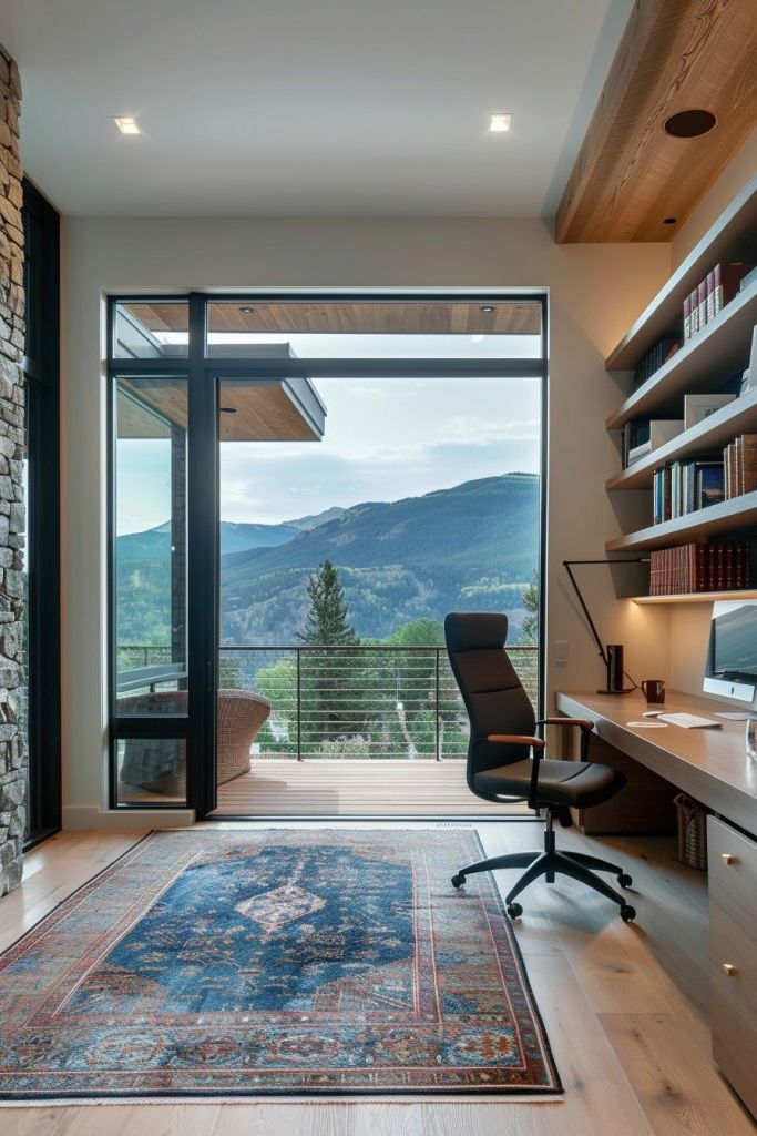 home office with balcony mountain views