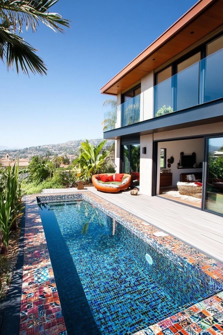 modern house backyard poolside deck with colorful mosaic tiles mediterranean landscape 2