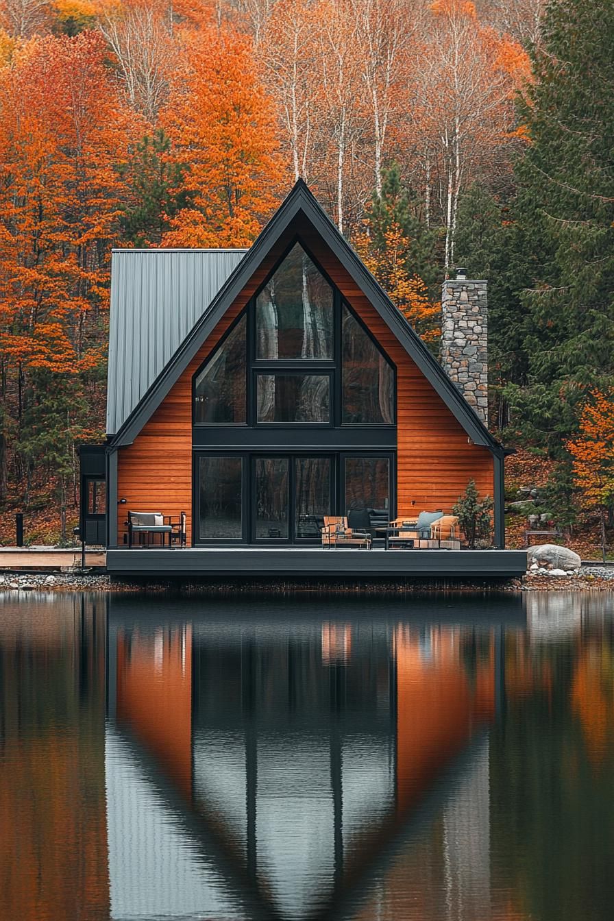 modern a frame cabin with dark stained cedar siding large black frame modern windows and sliding doors grey metal roof in front of the house is a