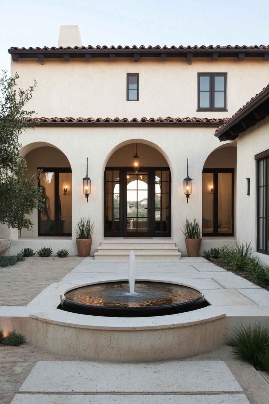 small modern mediterranean house with arched doorways courtyard with fountain 2
