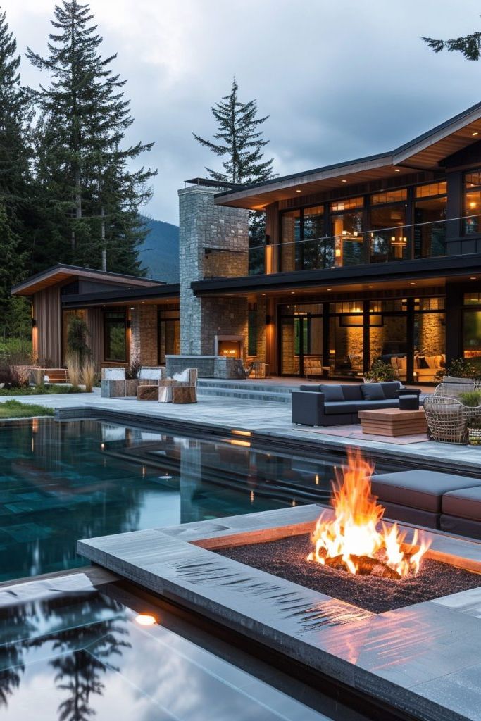 mountain house pool with firepit
