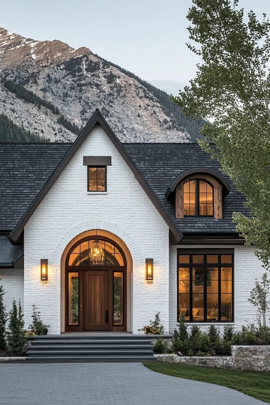 modern cottage style mountain home with white brick facade modern brown wooden trim windows and door arched entryway black shingle roof imposing