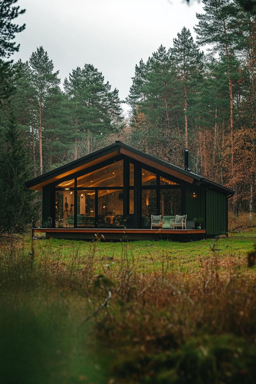 small modern mountain chalet facade in forest green color with exposed beams forest clearing in the background